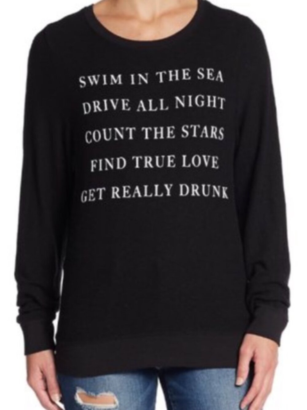 Wildfox Black Swim Drive Count Stars True Love Get Drunk BBJ Sweater Pullover